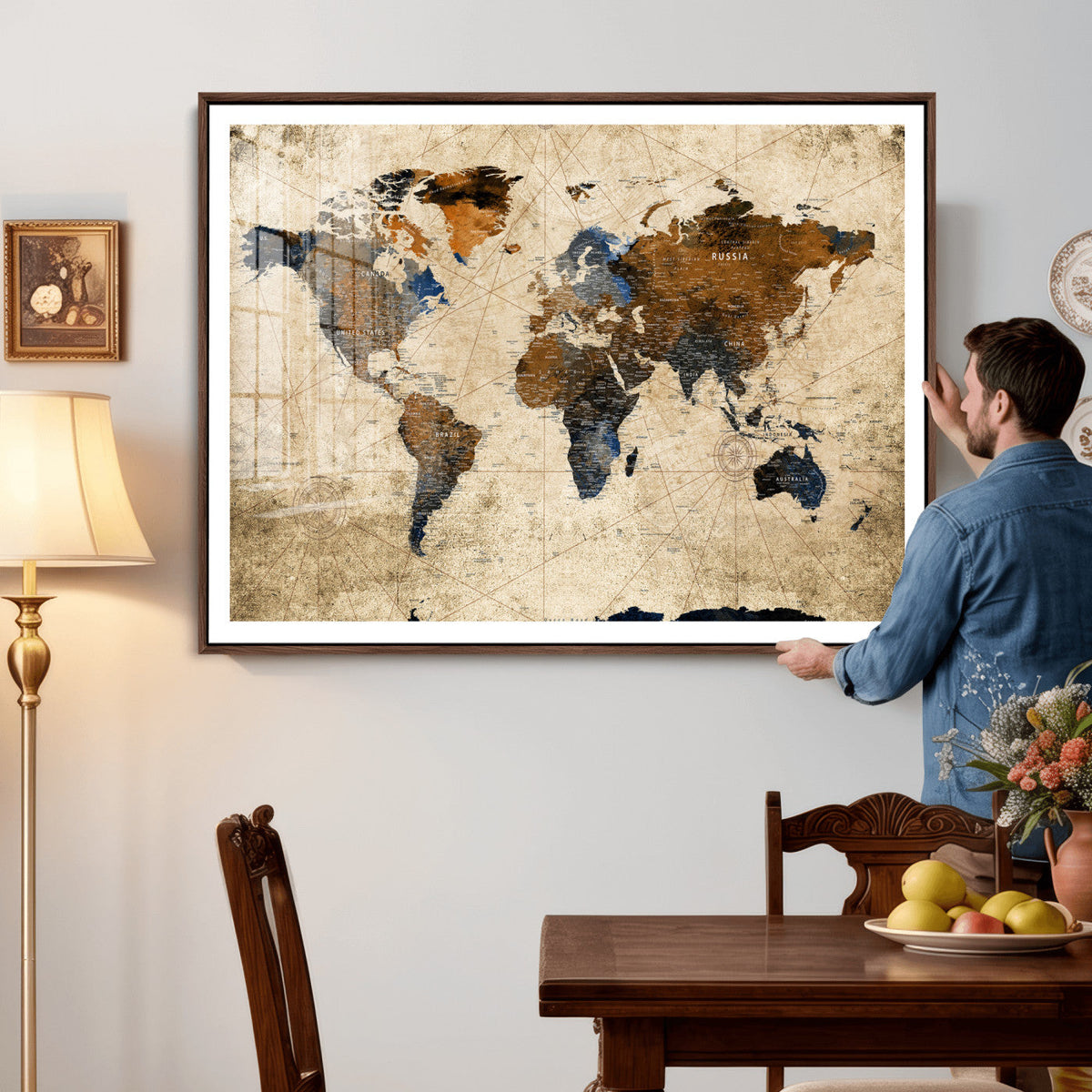 World Map Wall Art Canvas Print, Modern Decorative Framed