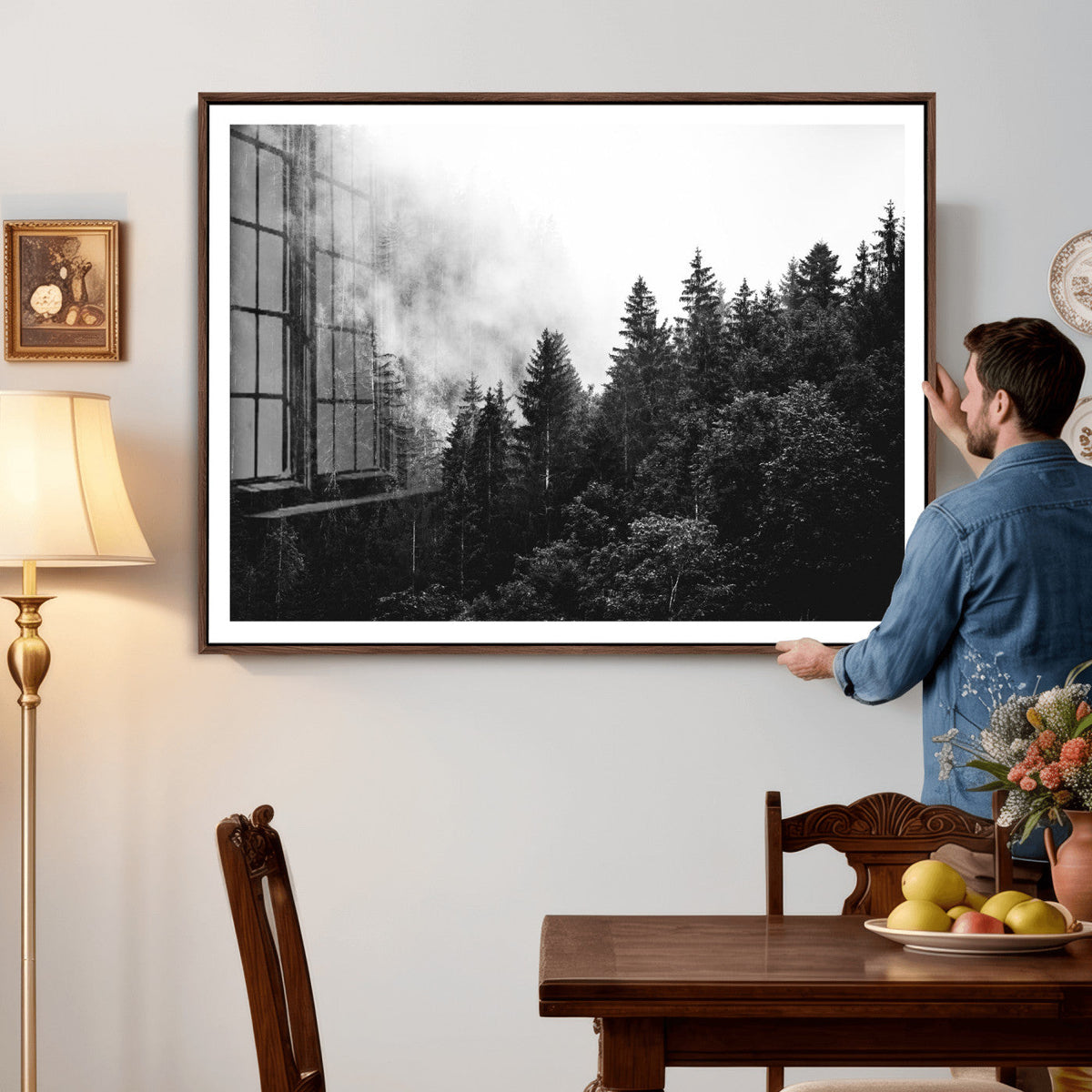 Black White Forest Wall Art Canvas Print, Misty Pine Tree
