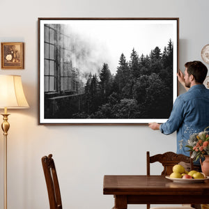 Black White Forest Wall Art Canvas Print, Misty Pine Tree