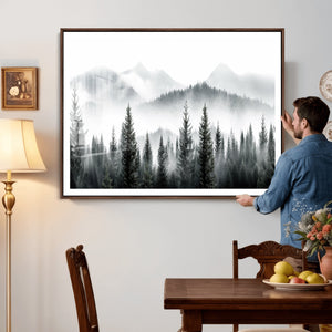 Misty Pine Forest Mountain Landscape Wall Art Canvas Print