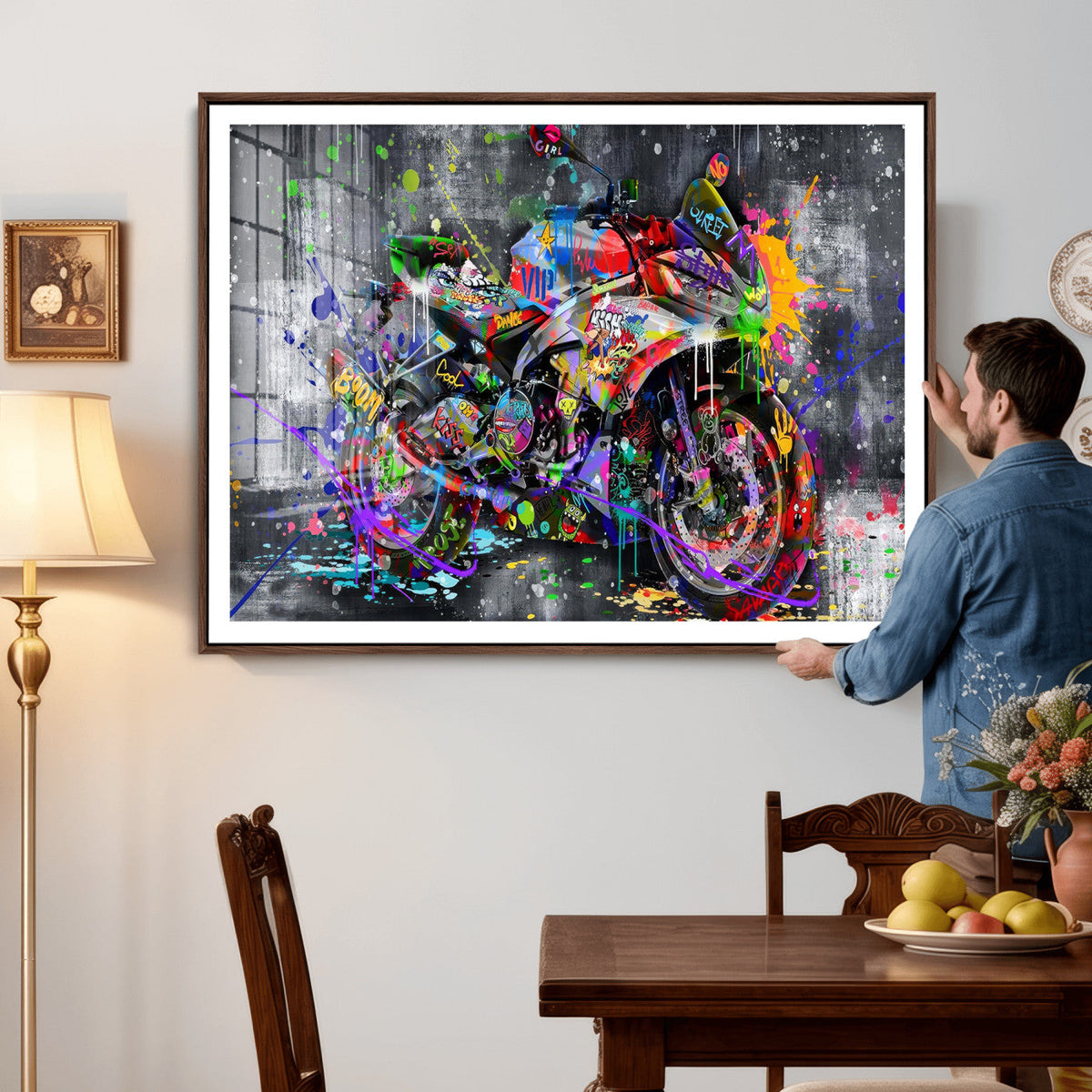 Graffiti Motorcycle Wall Art Canvas Print, Urban Street Art