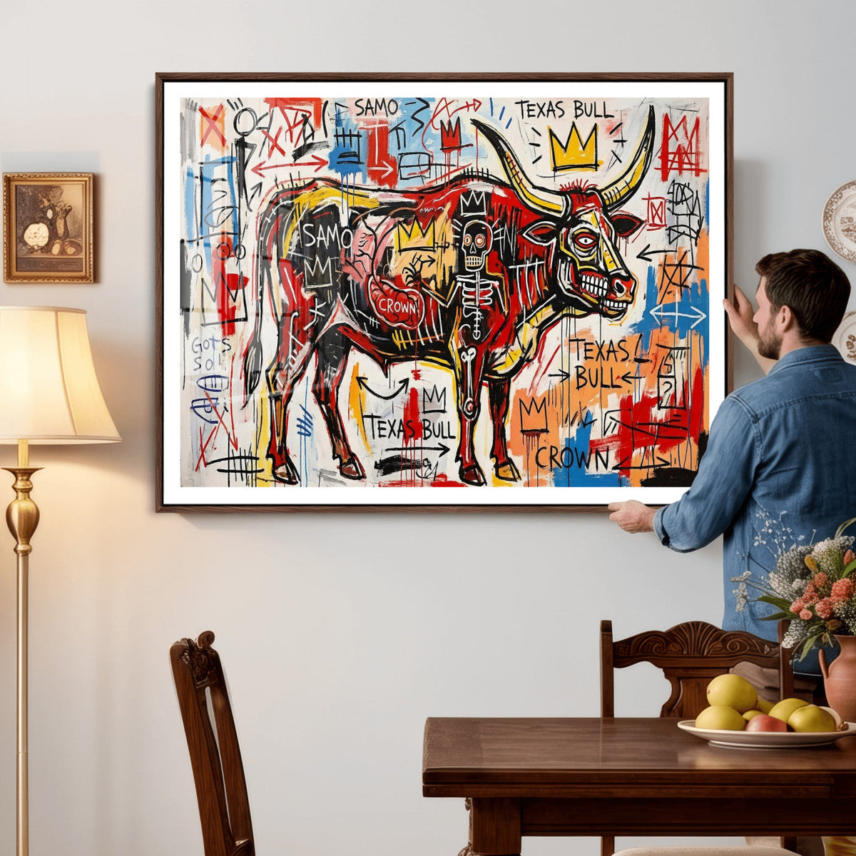 Texas Bull Wall Art Canvas Print, Abstract Graffiti Bull