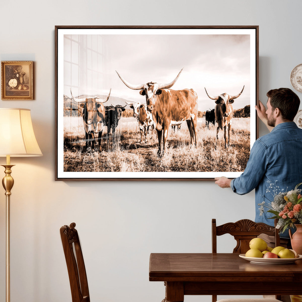 Texas Longhorn Cattle Wall Art Canvas Print, Sepia Western