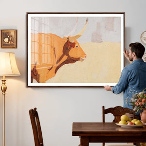 Minimal Longhorn Bull Wall Art Canvas Print, Neutral Western
