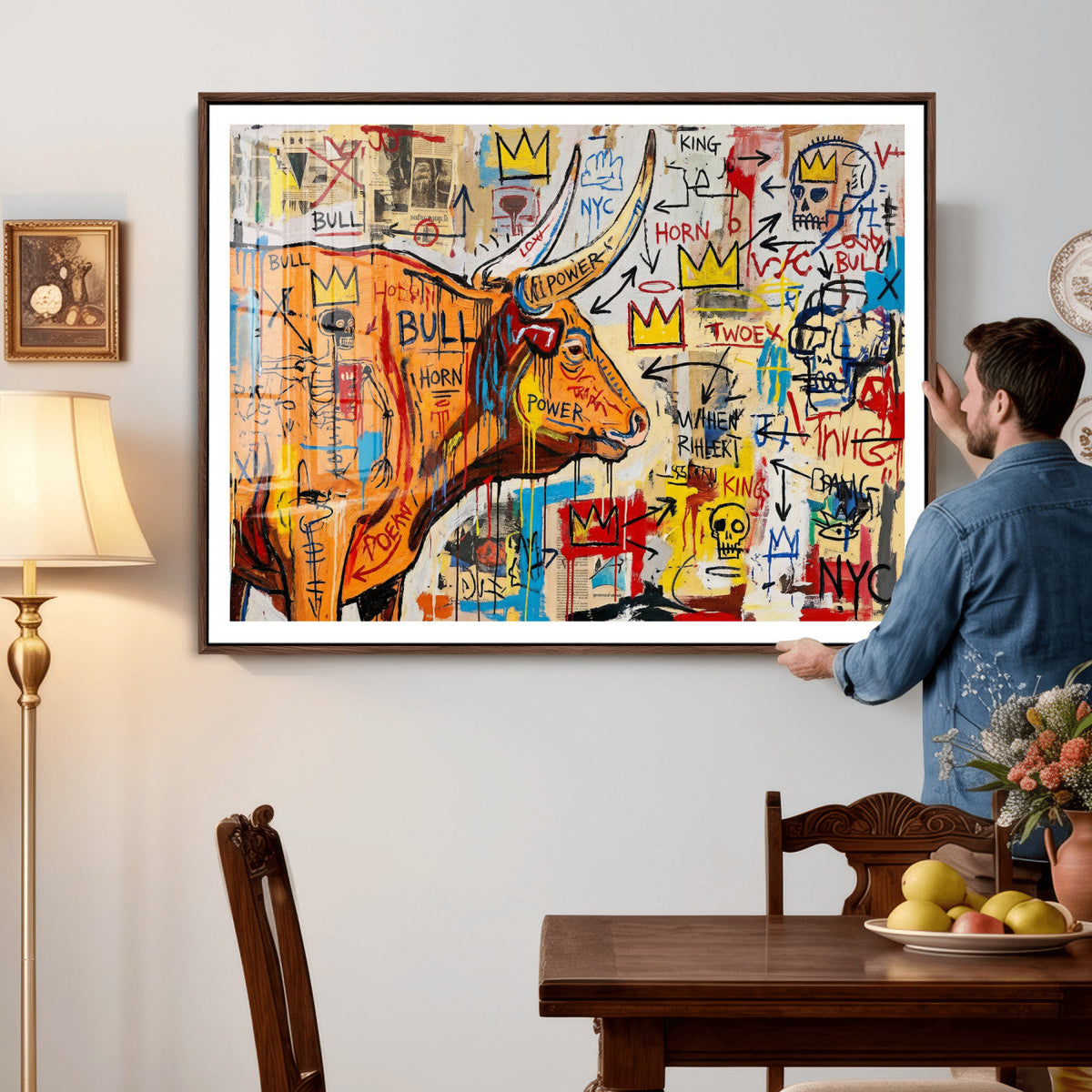 Basquiat Style Bull Graffiti Wall Art Canvas Print, Street