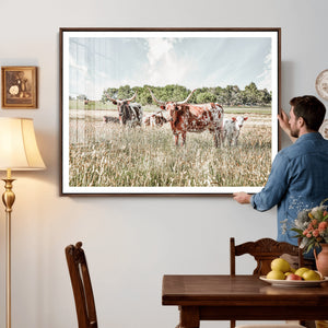 Texas Longhorn Cattle Wall Art Canvas Print, Rustic Ranch