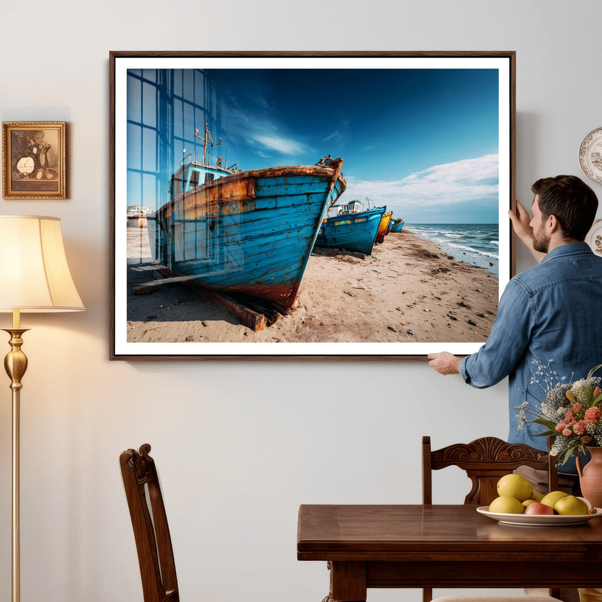 Coastal Fishing Boats Wall Art Canvas Print, Sunset Beach