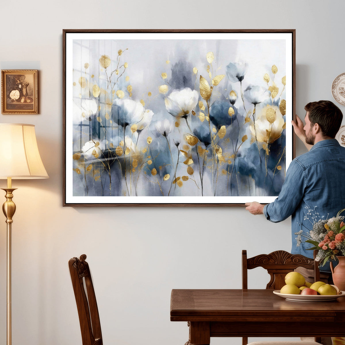 Large Abstract Flowers Wall Art Canvas Print – Gold and Blue