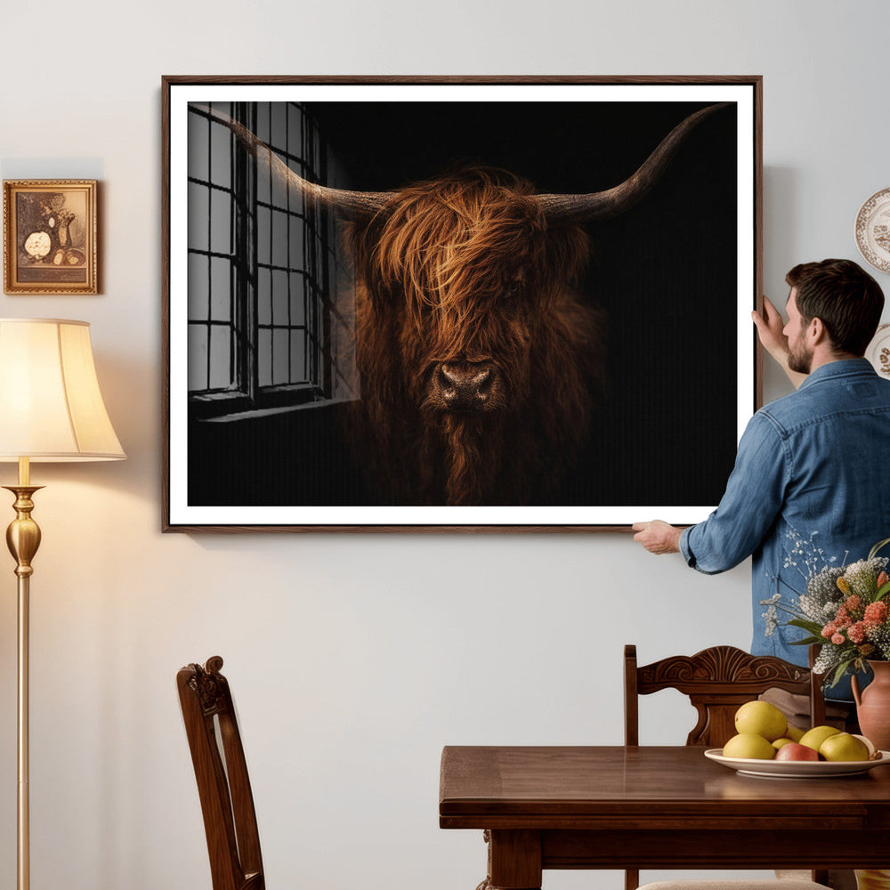 Highland Cow Wall Art Canvas Print – Moody Dark Rustic