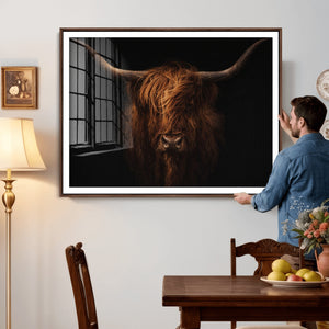 Highland Cow Wall Art Canvas Print – Moody Dark Rustic