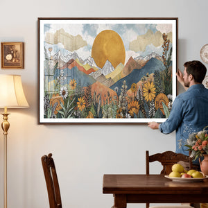 Boho Mountain Landscape Large Wall Art, Horizontal Gold