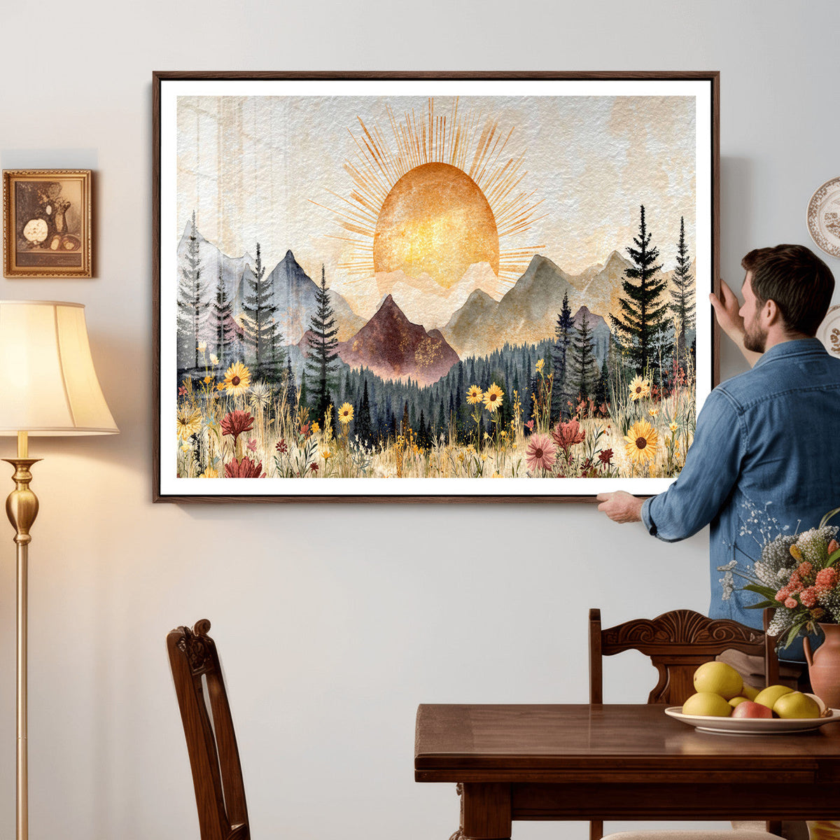 Boho Mountain Landscape Large Wall Art, Horizontal Gold
