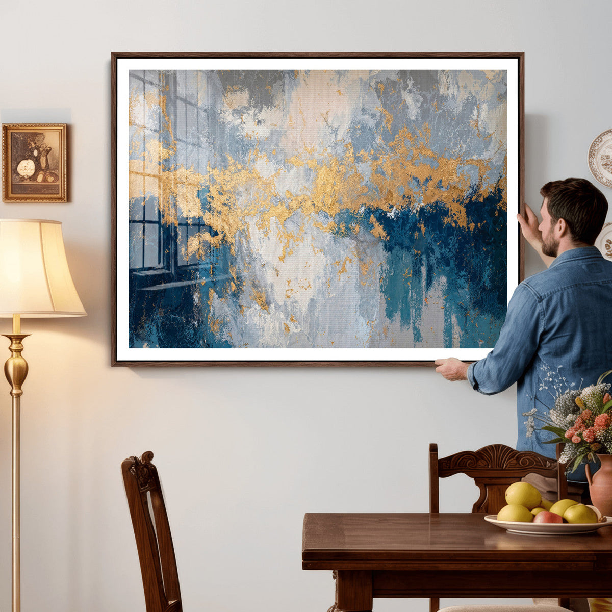 Blue Gold Abstract Large Framed Canvas Wall Art, Modern