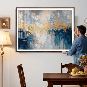 Blue Gold Abstract Large Framed Canvas Wall Art, Modern