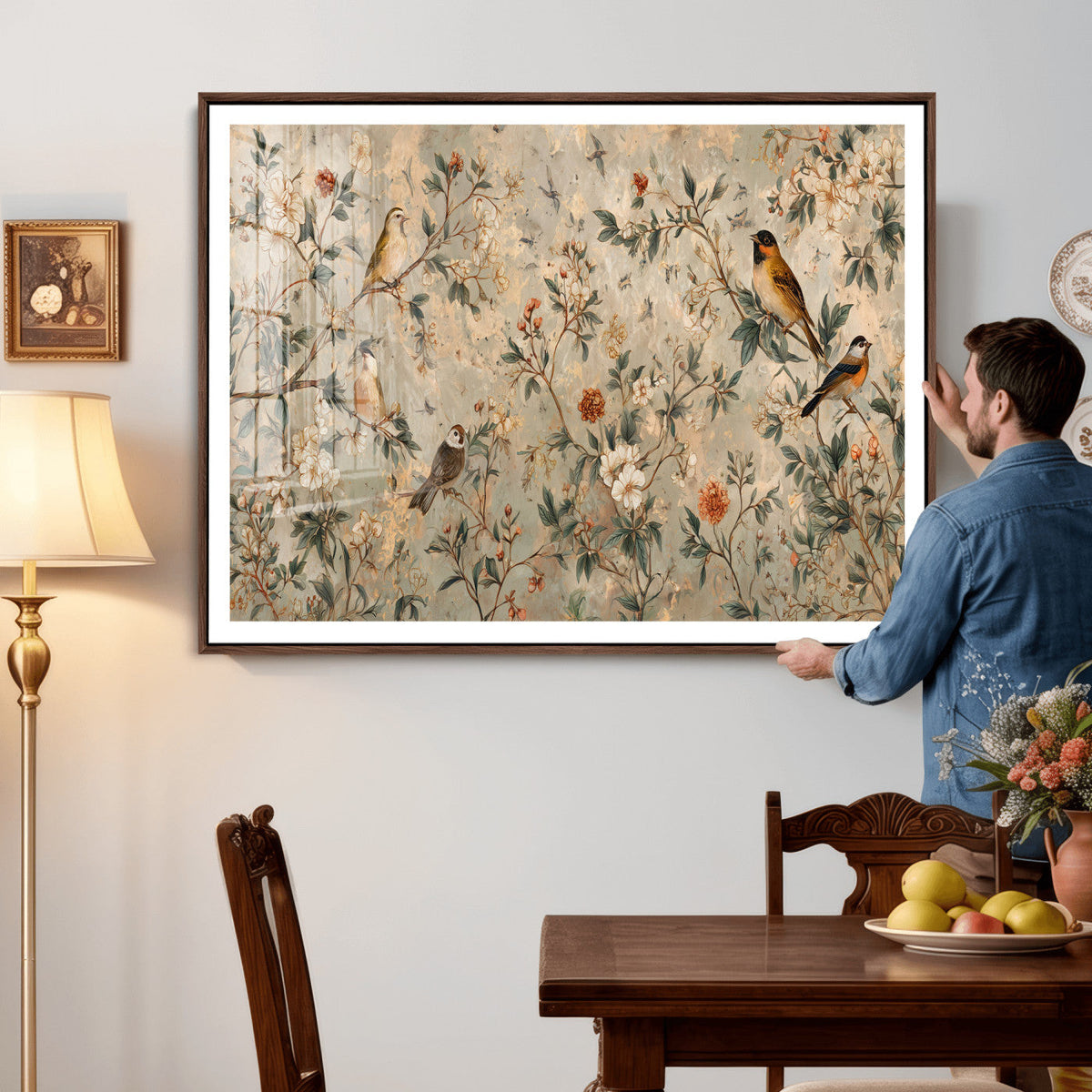 Vintage Birds and Flowers Wall Art Canvas Print, Botanical