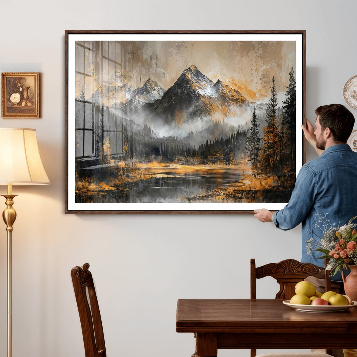 Mountain Lake Canvas Wall Art — Rustic Forest Landscape