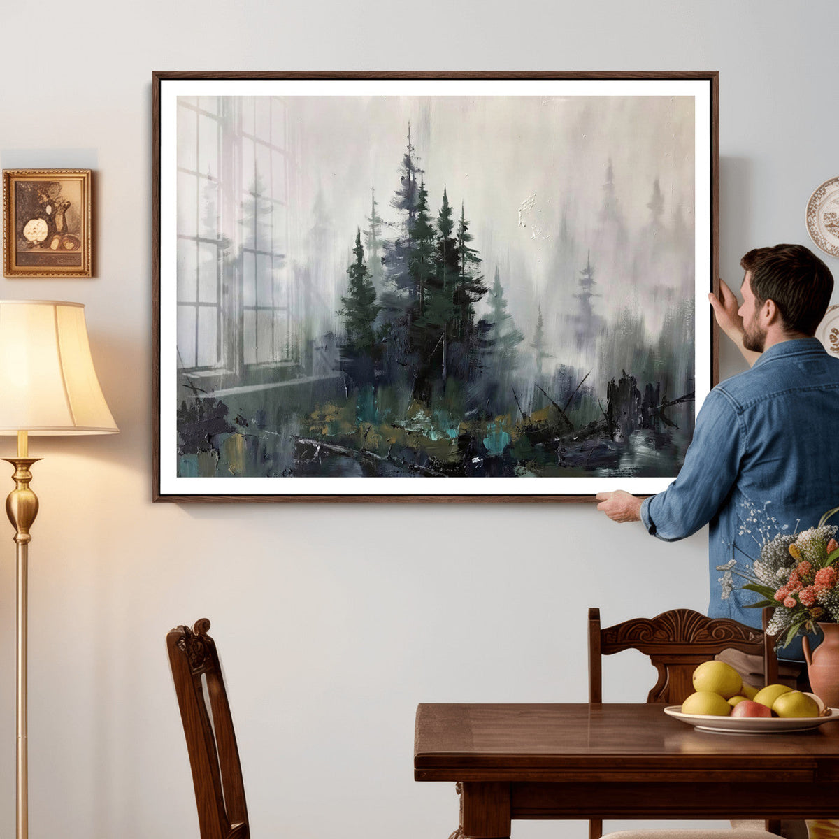 Misty Pine Forest Oil Painting Canvas — Dark Moody Teal Grey