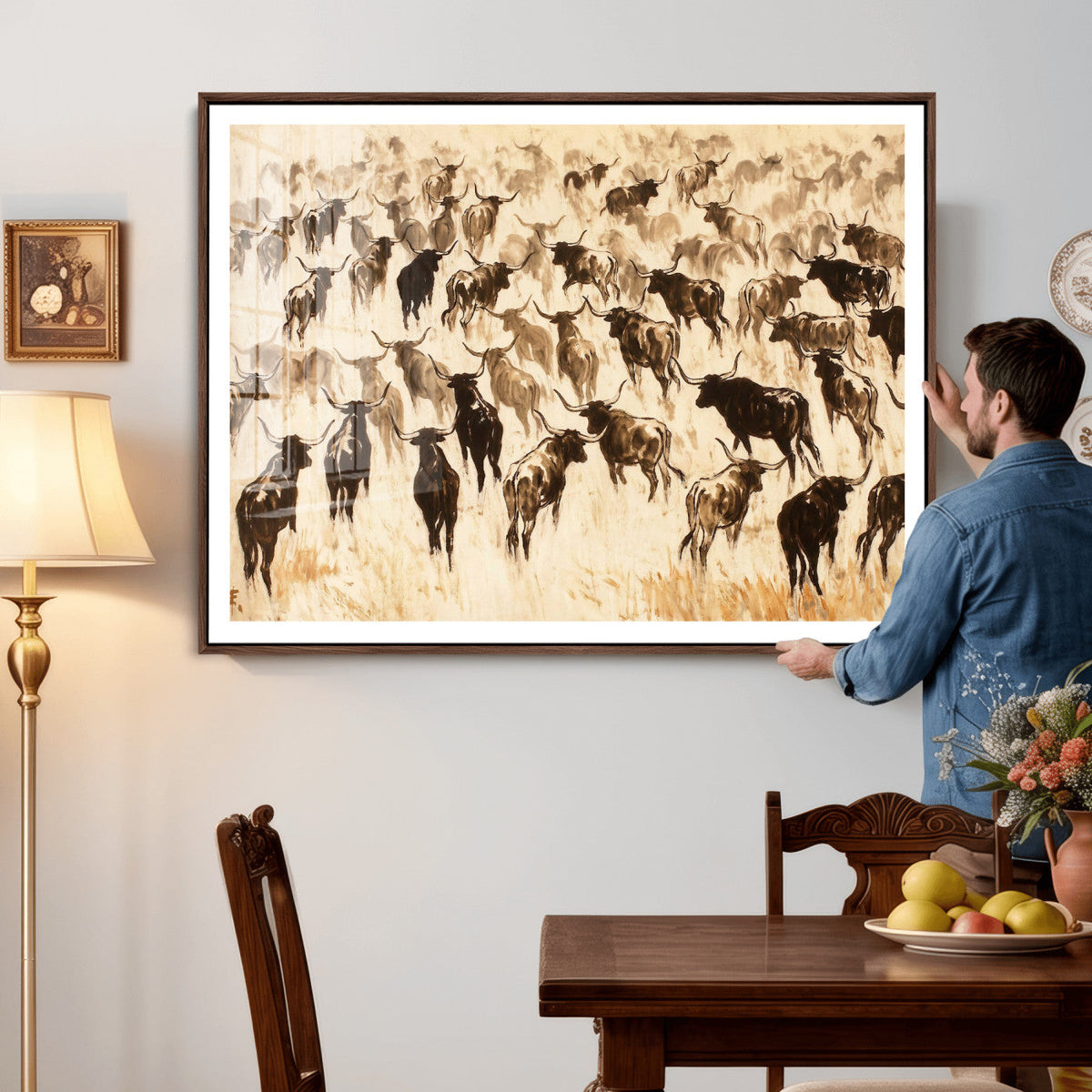 Texas Longhorn Sepia Canvas Wall Art, Western Cattle