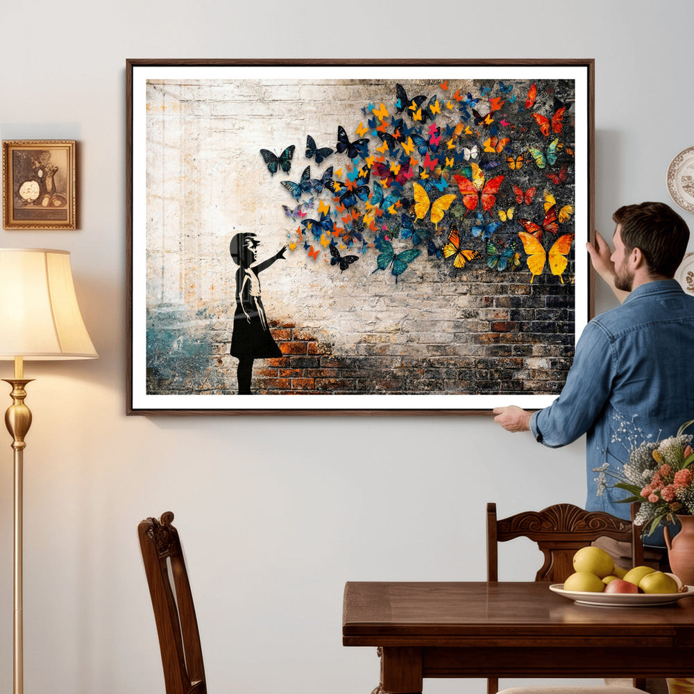 Banksy Graffiti Butterfly Girl Wall Art Canvas Print, Framed
