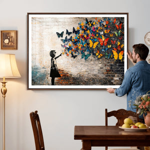 Banksy Graffiti Butterfly Girl Wall Art Canvas Print, Framed
