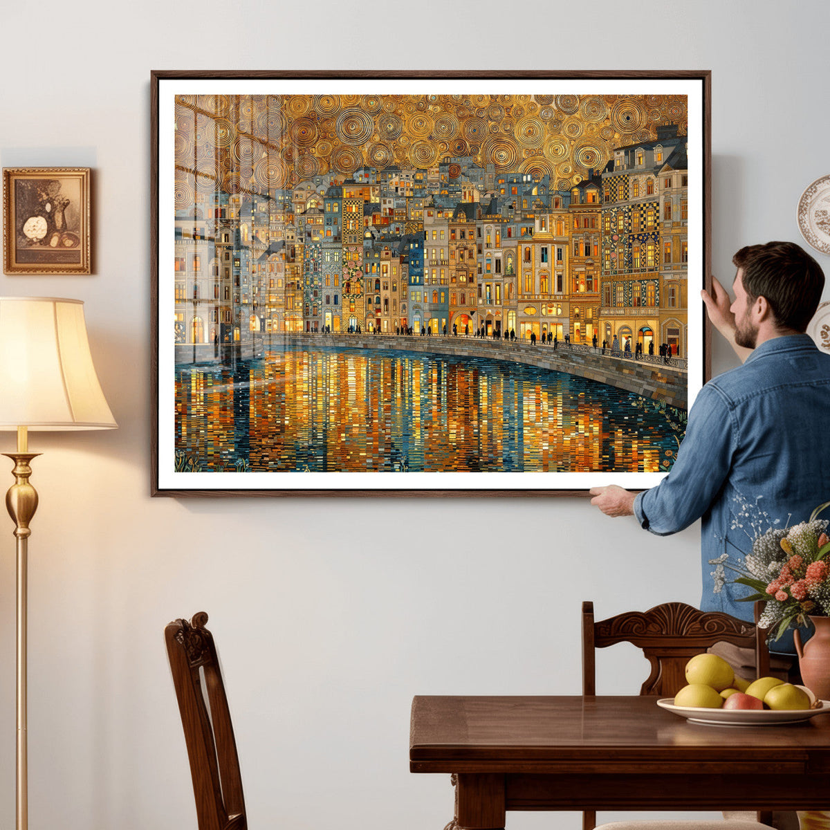 Gustav Klimt Golden Cityscape Wall Art Canvas Print, Framed