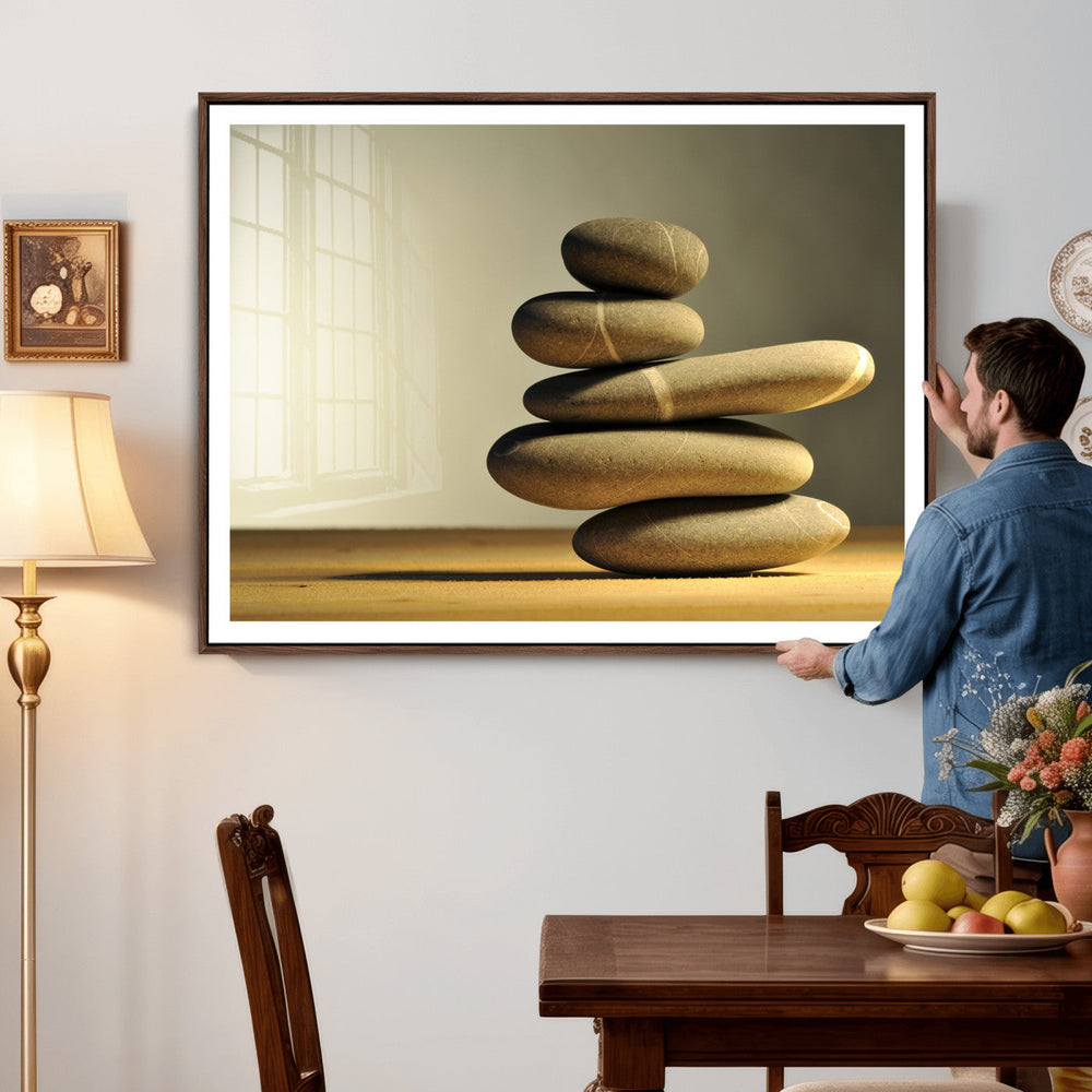 Zen Stone Wall Art Canvas Print, Balanced Rock Stack Framed