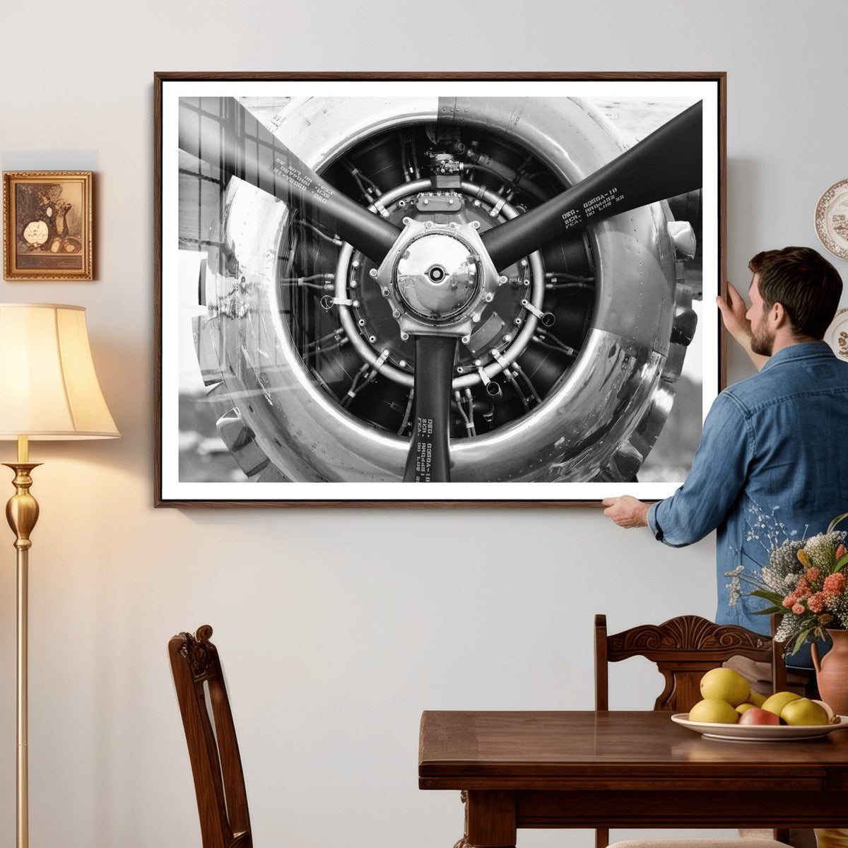 Vintage Propeller Plane Wall Art Canvas Print, Black and