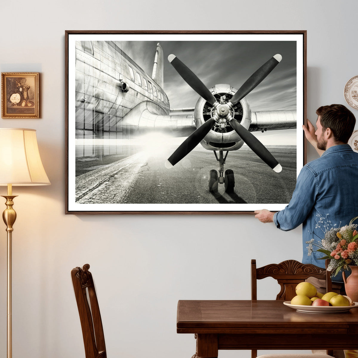 Vintage Airplane Wall Art Canvas Print, Black and White