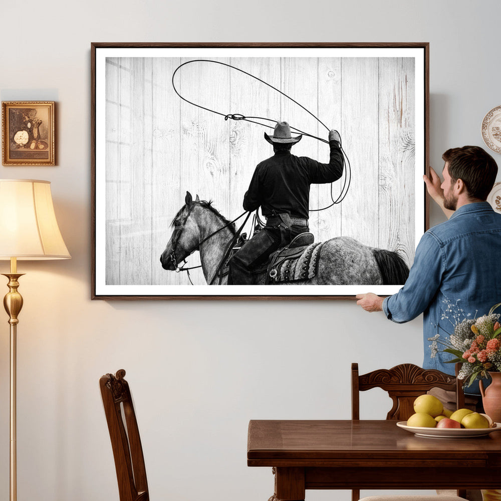 Cowboy Lasso Canvas Wall Art, Black White Western Horse