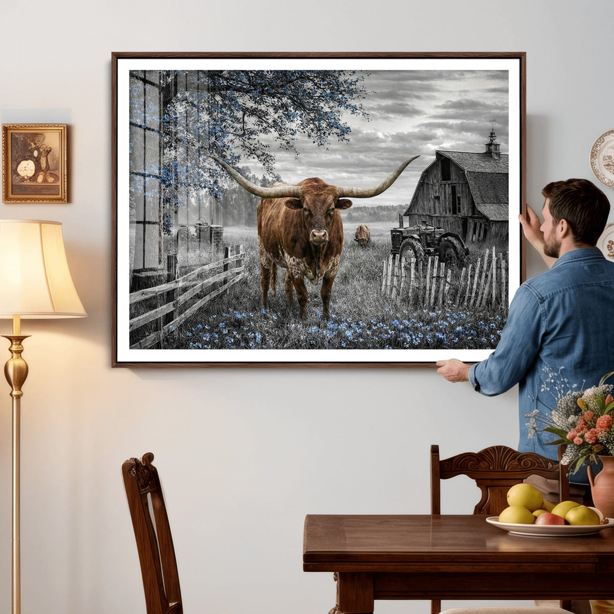 Texas Longhorn Canvas Wall Art, Rustic Farm Barn Bluebonnet