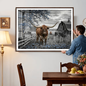 Texas Longhorn Canvas Wall Art, Rustic Farm Barn Bluebonnet