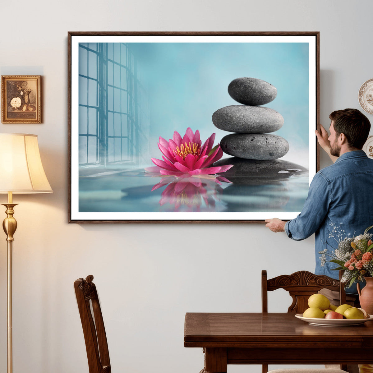 Zen Canvas Wall Art Lotus Flower Stacked Stones Teal Spa