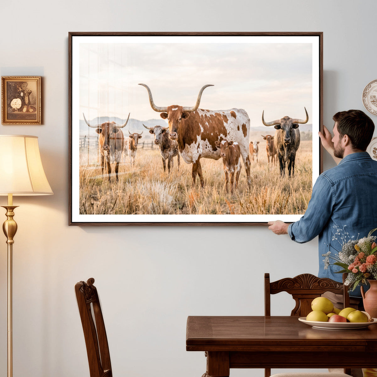 Texas Longhorn Canvas Wall Art, Rustic Farm Animal Photography Print, Farmhouse Country Decor, Western Ranch Art