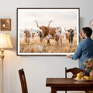 Texas Longhorn Canvas Wall Art, Rustic Farm Animal Photography Print, Farmhouse Country Decor, Western Ranch Art