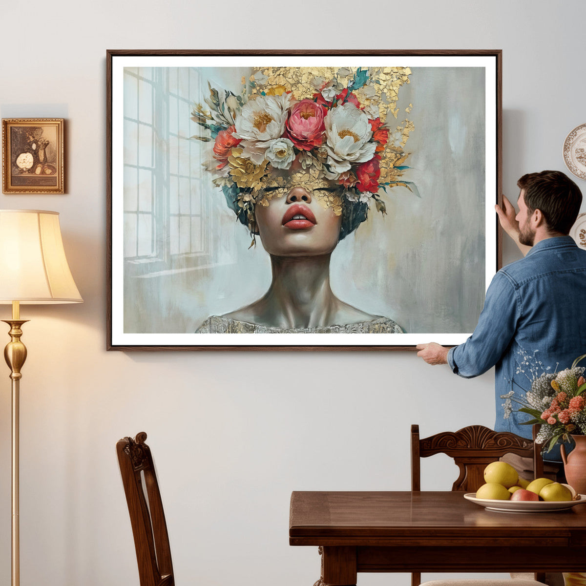 Golden Petal Wall Art Canvas Print - Silhouette Woman Wall