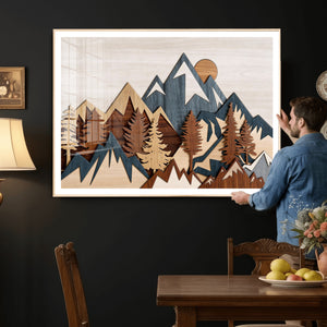 Rustic Abstract Wood Panel Effect Canvas Mountain Range Top