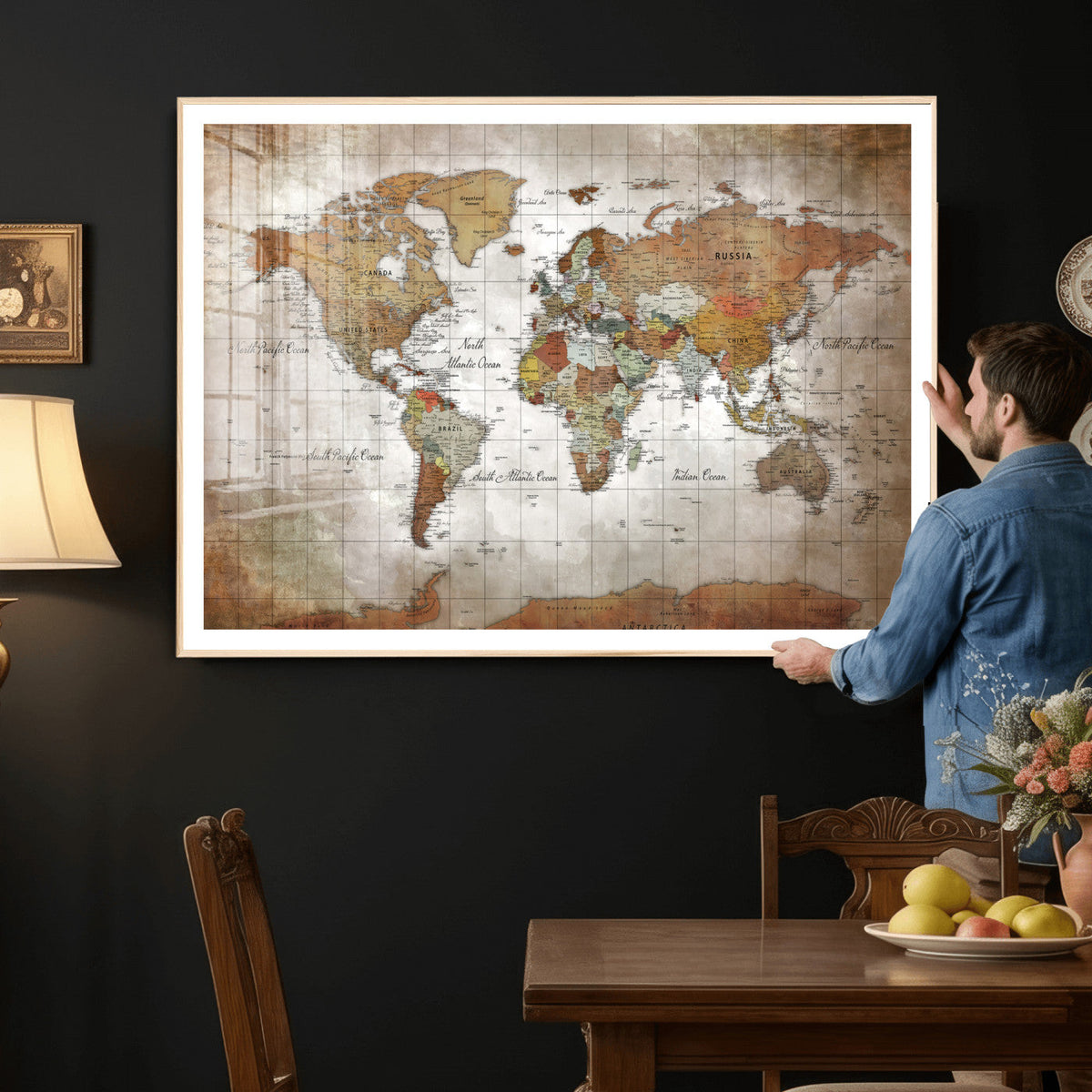 Vibrant Watercolor World Map Canvas Wall Art – Framed Travel