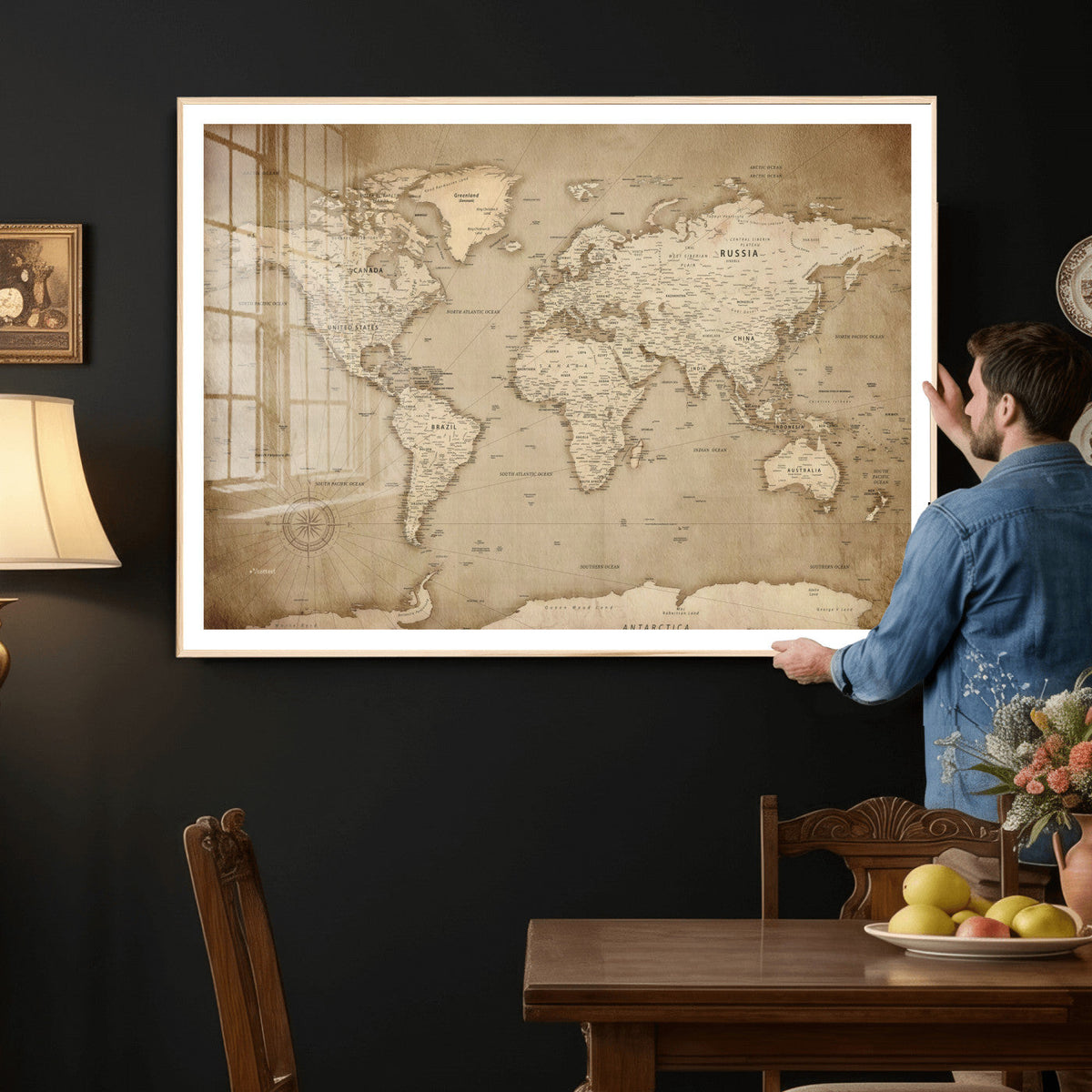 Colorful Watercolor World Map Canvas Wall Art – Framed