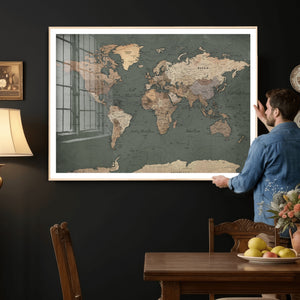 Rustic Black and Wood World Map Canvas Wall Art – Framed
