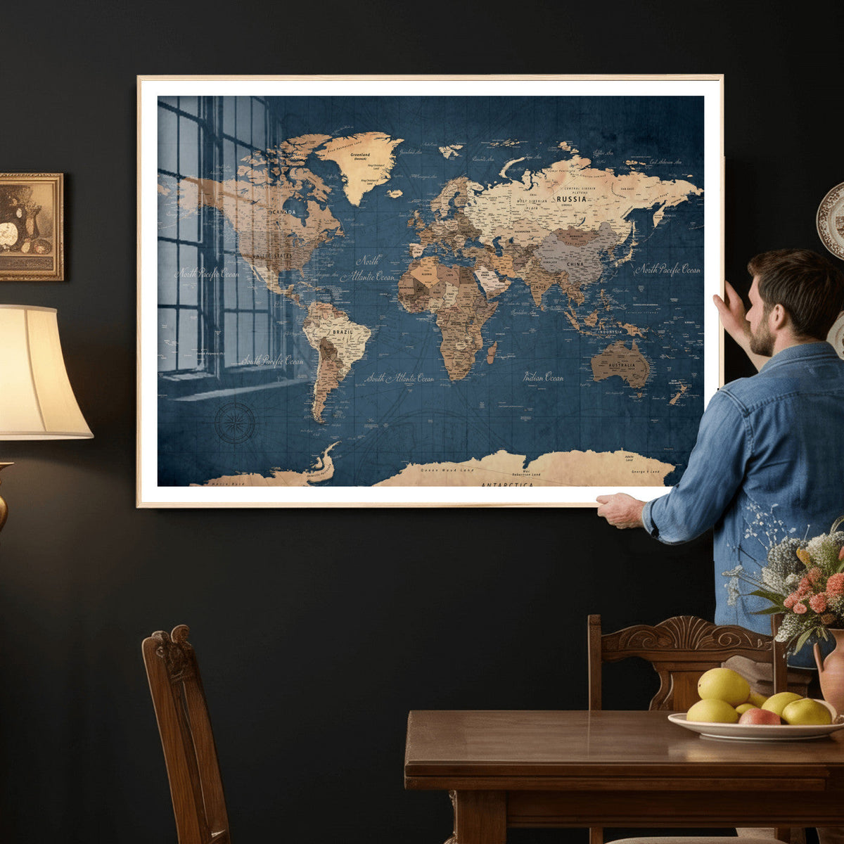 Navy Blue World Map Canvas Print – Framed Travel Map Wall