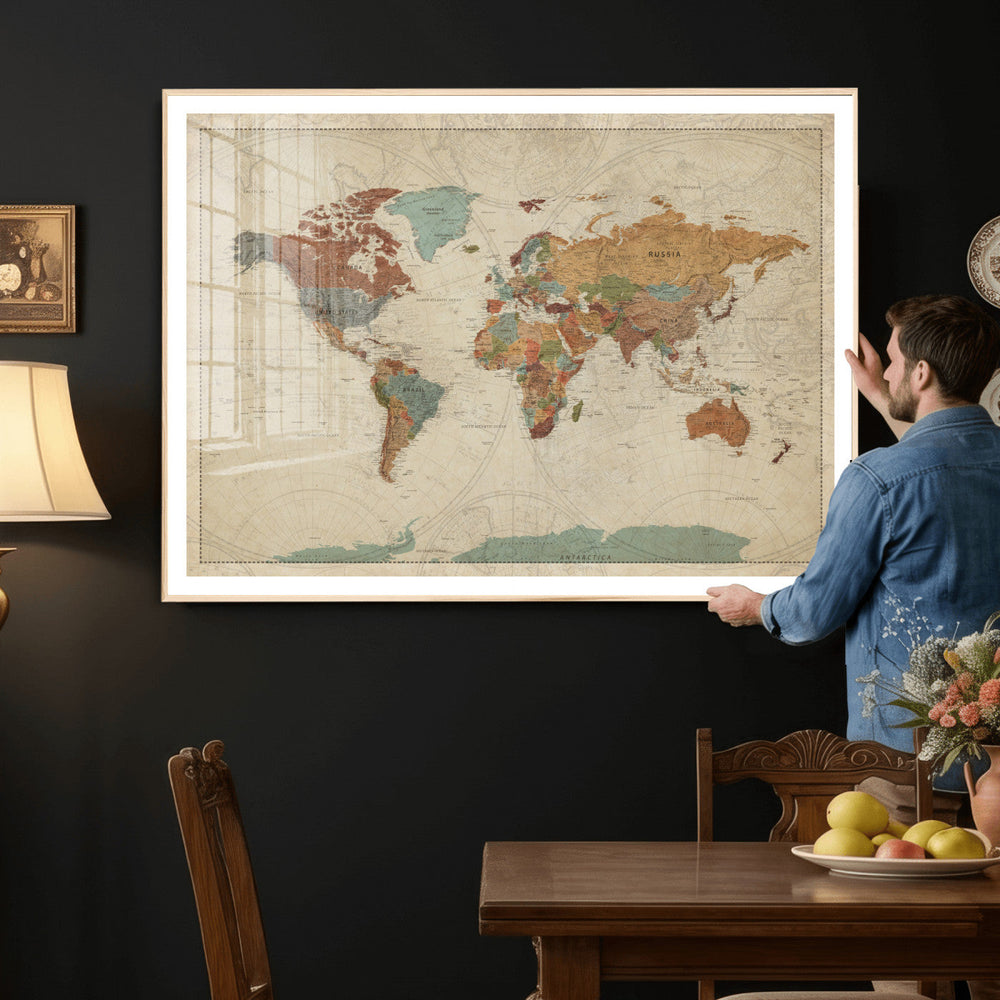 Vintage World Map Canvas Wall Art Print – Framed Modern