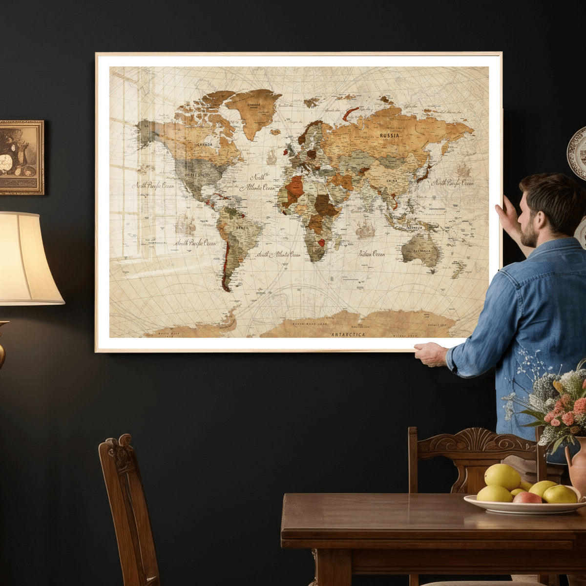 Rustic Vintage World Map Canvas Print – Framed Modern