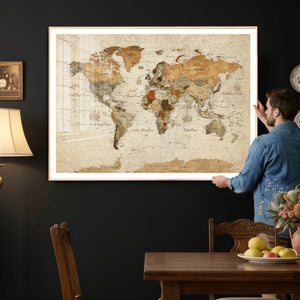 Rustic Vintage World Map Canvas Print – Framed Modern
