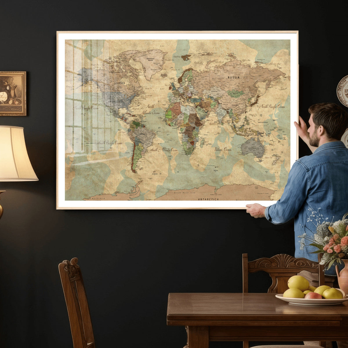 Vintage World Map Wall Art | Ready to Hang and Framed