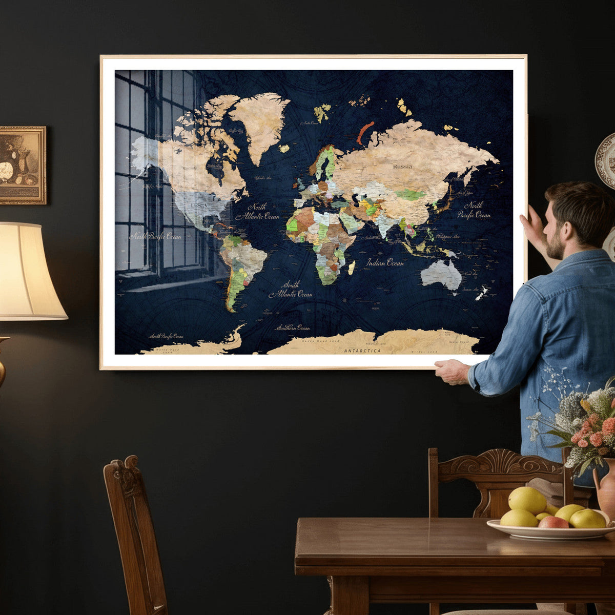 Minimalist World Map Canvas Wall Art - Watercolor Blue and