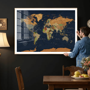 Modern World Map Canvas Print – Framed Detailed Map of the