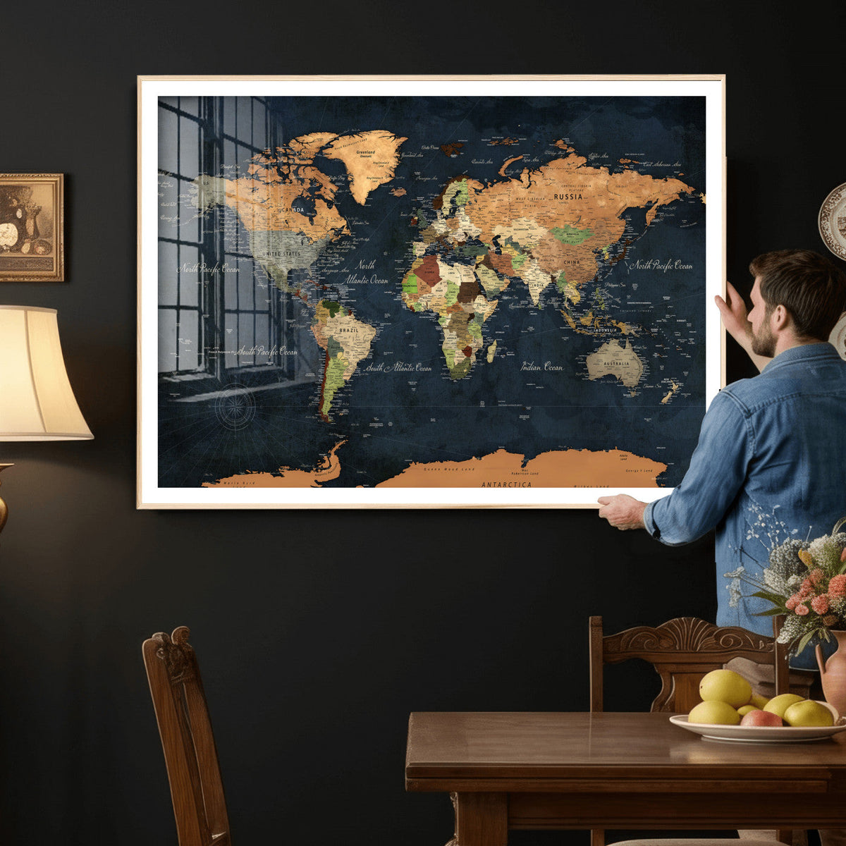 Vintage World Map Canvas Wall Art – Detailed Map with