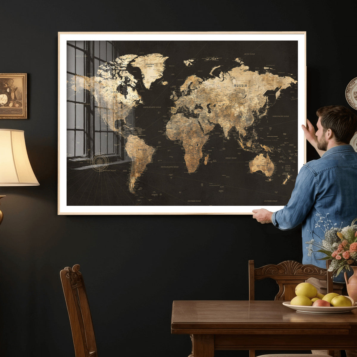 Framed World Map with Pin Canvas Print – Detailed World Map