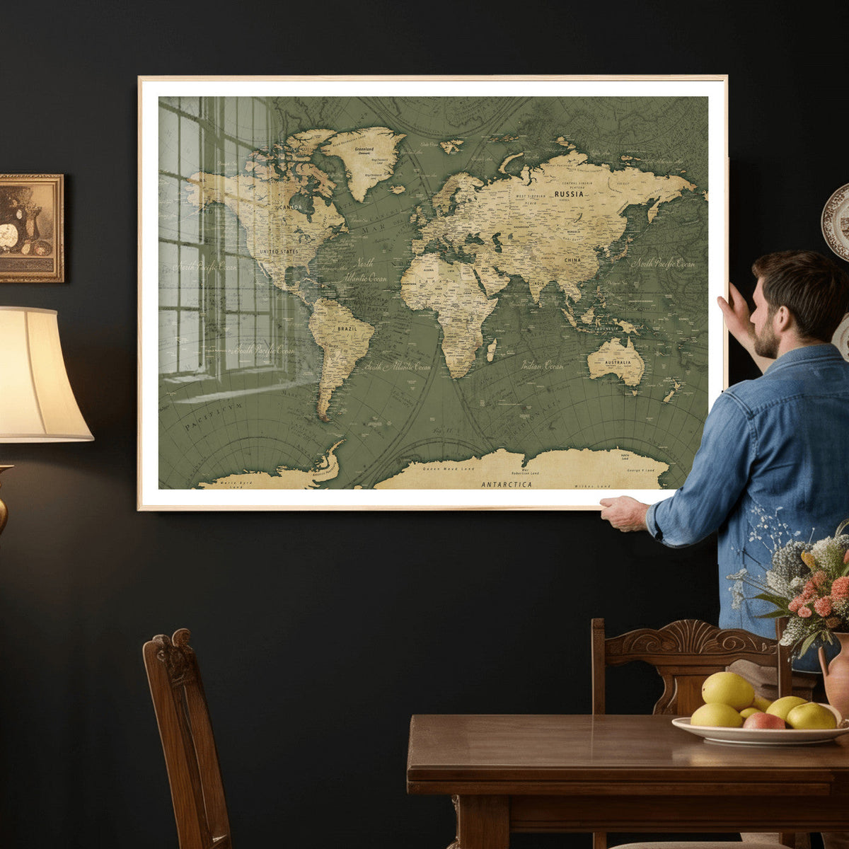 Large World Map Canvas Wall Art Print for Study Room Decor -