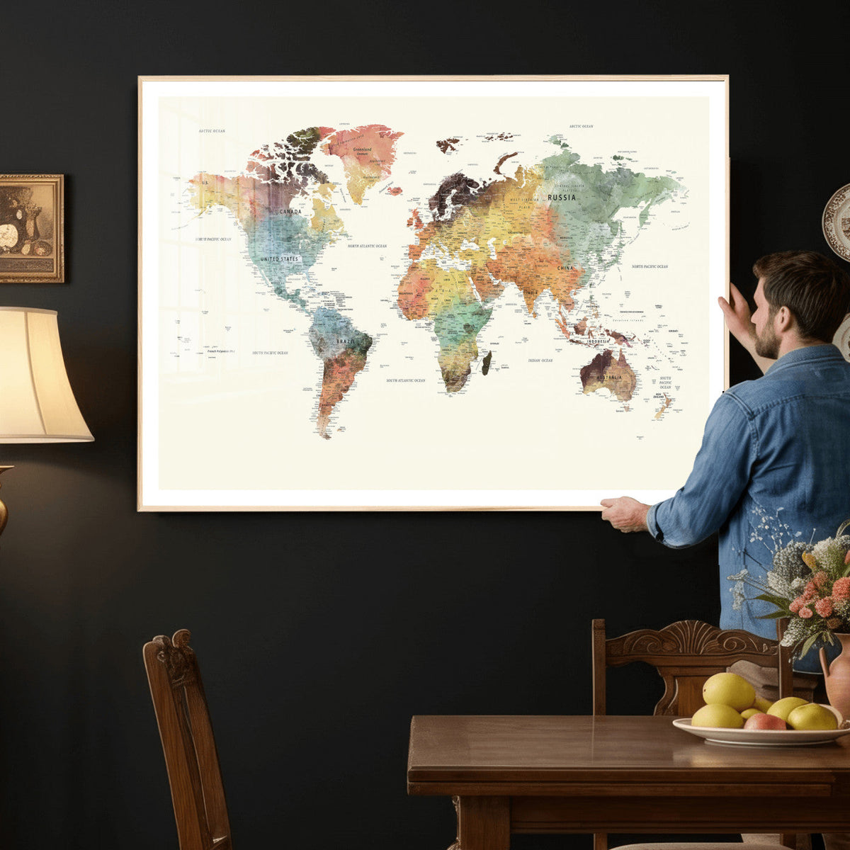 Framed World Map Wall Art Canvas Print for Living Room and